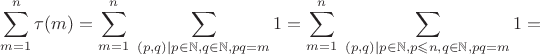 $$\sum_{m=1}^n {\tau(m)}=\sum_{m=1}^n \; {\sum_{(p,q) \mid p \in \mathbb N, q \in \mathbb N, pq=m} 1}=\sum_{m=1}^n \; {\sum_{(p,q) \mid p \in \mathbb N, p \leqslant n, q \in \mathbb N,  pq=m} 1}=$$