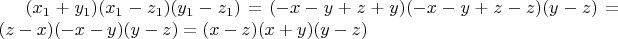 $(x_1+y_1)(x_1-z_1)(y_1-z_1)=
(-x-y+z+y)(-x-y+z-z)(y-z)=
(z-x)(-x-y)(y-z)=
(x-z)(x+y)(y-z)$