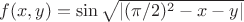 $f(x,y)=\sin\sqrt{\left| (\pi/2)^2-x-y \right|}$