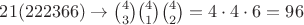 $21(222366) \to \binom{4}{3}\binom{4}{1}\binom{4}{2}=4\cdot4\cdot6=96$