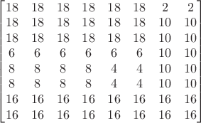 $\begin{bmatrix}
18 & 18 & 18 & 18 & 18 & 18 & 2 & 2\\
18 & 18 & 18 & 18 & 18 & 18 & 10 & 10\\
18 & 18 & 18 & 18 & 18 & 18 & 10 & 10\\
6 & 6 & 6 & 6 & 6 & 6 & 10 & 10\\
8 & 8 & 8 & 8 & 4 & 4 & 10 & 10\\
8 & 8 & 8 & 8 & 4 & 4 & 10 & 10\\
16 & 16 & 16 & 16 & 16 & 16 & 16 & 16\\
16 & 16 & 16 & 16 & 16 & 16 & 16 & 16\\
\end{bmatrix}$