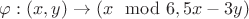 $\varphi : (x,y) \rightarrow (x \mod 6,5x-3y)$ $\varphi : (x,y) \rightarrow (x \mod 6,5x-3y)$