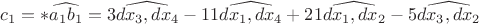$c_1=\ast{\widehat {a_1 b_1}}=3\widehat{dx_3, dx_4}-11\widehat{dx_1, dx_4}+21\widehat{dx_1, dx_2}-5\widehat{dx_3, dx_2}$