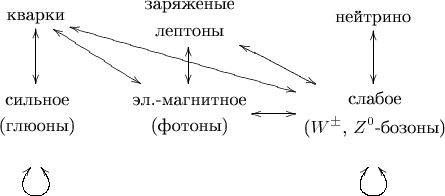 $$\xymatrix@R=0.25cm{{\text{кварки}}\ar@{<->}[dd]\ar@{<->}[rdd]\ar@{<->}[rrdd]&
{\begin{gathered}\text{заряженые}\\\text{лептоны}\end{gathered}}\ar@{<->}[dd]\ar@{<->}[rdd]&
{\text{нейтрино}}\ar@{<->}[dd]\\ \\
{\begin{gathered}\text{сильное}\\\text{(глюоны)}\end{gathered}}&
{\begin{gathered}\text{эл.-магнитное}\\\text{(фотоны)}\end{gathered}}\ar@{<->}[r]&
{\begin{gathered}\text{слабое}\\\text{(\(W^\pm\), \(Z^0\)-бозоны)}\end{gathered}}\\
{}\ar@(dl,dr)@{<->}[]&
&
{}\ar@(dl,dr)@{<->}[]\\}$$