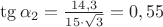 $\tg\alpha_2 = \frac{14,3}{15 \cdot \sqrt{3}} = 0,55$