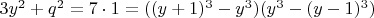 $3y^2+q^2=7\cdot1=((y+1)^3-y^3)(y^3-(y-1)^3)$