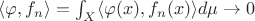 $\langle\varphi,f_n\rangle=\int_X\langle\varphi(x),f_n(x)\rangle d\mu\to 0$