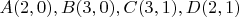 $A(2, 0), B(3, 0), C(3, 1), D(2, 1)$