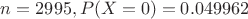 $n = 2995, P(X=0) = 0.049962$