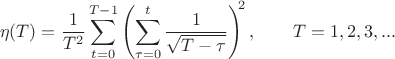 $$
\eta(T) = \frac{1}{T^2}\sum\limits_{t=0}^{T-1}\left(\sum\limits_{\tau=0}^{t}\frac{1}{\sqrt{T-\tau}}\right)^{\!\! 2} ,\qquad
T = 1, 2, 3, ...
$$