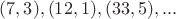 $(7,3), (12,1), (33,5),...$ $(7,3), (12,1), (33,5),...$
