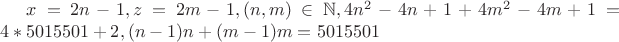 $x=2n-1,z=2m-1, (n,m)\in \mathbb{N}  , 4n^2-4n+1+4m^2-4m+1=4*5015501+2 ,  (n-1)n+(m-1)m=5015501 $