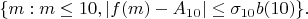 $\{m: m \leq 10, |f(m)-A_{10}| \leq \sigma_{10} b(10)\}.$