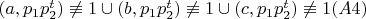 $НОД(a, p_{1}p_{2}^{t})\not \equiv 1 \cup НОД(b, p_{1}p_{2}^{t})\not \equiv 1 \cup НОД(c, p_{1}p_{2}^{t})\not \equiv 1 (A 4)$