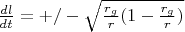 $\frac{dl}{dt}=+/- с \sqrt{\frac{r_g}{r}(1-\frac{r_g}{r})}$