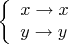 $$
\left\{ \begin{array}{l} 
x\to x \\ 
y\to  y
\end{array} \right.
$$