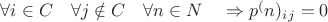 $ \forall i \in C 
\quad \forall j \notin C \quad\forall n \in N \quad \Rightarrow p^(n)_i_j=0
 $