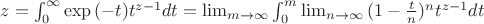$\Gamm{z}=\int_{0}^{\infty}{\exp{(-t)} t^{z-1}}dt=\lim_{m\to\infty}{\int_{0}^{m}{\lim_{n\to\infty}{(1-\frac{t}{n})^{n}}t^{z-1}dt}}$