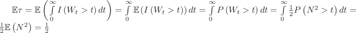 $\mathbb{E}\tau=\mathbb{E}\left(\int\limits_0^\infty I\left(W_t>t\right)dt\right)=\int\limits_0^\infty\mathbb{E}\left(I\left(W_t>t\right)\right)dt=\int\limits_0^\infty P\left(W_t>t\right)dt=\int\limits_0^\infty\frac{1}{2}P\left(N^2>t\right)dt=\frac{1}{2}\mathbb{E}\left(N^2\right)=\frac{1}{2}$
