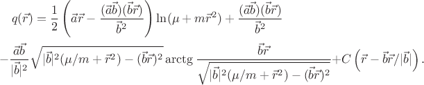 \begin{multline*}q(\vec{r})=\frac12\left(\vec{a}\vec{r}-\frac{(\vec{a}\vec{b})(\vec{b}\vec{r})}{\vec{b}^2}\right)
\ln (\mu+m\vec{r}^2 )+\frac{(\vec{a}\vec{b})(\vec{b}\vec{r})}{\vec{b}^2}\\
-\frac{\vec{a}\vec{b}}{|\vec{b}|^2}
\sqrt{|\vec{b}|^2(\mu/m+\vec{r}^2)-(\vec{b}\vec{r})^2}\arctg\frac{\vec{b}\vec{r}}{\sqrt{|\vec{b}|^2(\mu/m+\vec{r}^2)-(\vec{b}\vec{r})^2}} + C\left(\vec{r}-\vec{b}\vec{r}/|\vec{b}|\right).
\end{multline*}