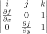 $$\begin{vmatrix}
i & j & k \\
\frac {\partial f}{\partial x} & 0 & 1 \\
0 & \frac {\partial f}{\partial y} & 1 
\end{vmatrix}$$