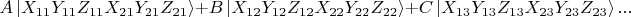 $
A\left\lvert X_{11}Y_{11}Z_{11} X_{21}Y_{21}Z_{21}\right\rangle +
B\left\lvert X_{12}Y_{12}Z_{12} X_{22}Y_{22}Z_{22}\right\rangle +
C\left\lvert X_{13}Y_{13}Z_{13} X_{23}Y_{23}Z_{23}\right\rangle ... 
$