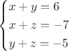 $$\[\left\{ \begin{gathered}
  x + y = 6 \hfill \\
  x + z =  - 7 \hfill \\
  y + z =  - 5 \hfill \\ 
\end{gathered}  \right.\] 
$$