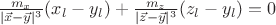 $\frac{m_x}{|\vec x-\vec y|^3} (x_l-y_l)+\frac{m_z}{|\vec z-\vec y|^3} (z_l-y_l)=0$