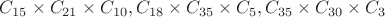 $C_{15}\times{C_{21}}\times{C_{10}}, C_{18}\times{C_{35}}\times{C_{5}}, C_{35}\times{C_{30}}\times{C_{3}}$