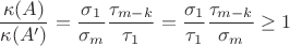 $$\frac{\kappa(A)}{\kappa(A')}=\frac{\sigma_1}{\sigma_m}\frac{\tau_{m-k}}{\tau_1}=\frac{\sigma_1}{\tau_1}\frac{\tau_{m-k}}{\sigma_m}\ge 1$$