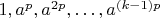 $1,a^p,a^{2p},\dots, a^{(k-1)p}$
