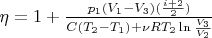 $\eta = 1 + \frac{p_1(V_1 - V_3)(\frac{i + 2} {2})} {C(T_2 - T_1) + \nu RT_2 \ln{\frac{V_3} {V_2}}}$