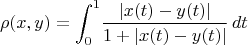 $$\rho(x,y)=\int_0^1\!\frac{|x(t)-y(t)|}{1+|x(t)-y(t)|}\,dt$$