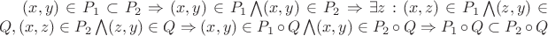 $(x,y)\in P_1\subset P_2 \Rightarrow (x,y)\in P_1 \bigwedge (x,y) \in P_2 \Rightarrow \exists z: (x,z) \in P_1 \bigwedge (z,y) \in Q, (x,z) \in P_2 \bigwedge (z,y) \in Q \Rightarrow  (x,y)\in P_1\circ Q \bigwedge (x,y)\in P_2\circ Q \Rightarrow P_1 \circ Q \subset P_2 \circ Q$
