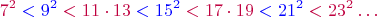 $$\color{purple}7^2\color{blue}<9^2\color{purple}<11\cdot13\color{blue}<15^2\color{purple}<17\cdot19\color{blue}<21^2\color{purple}<23^2\ldots$$