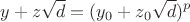 $$y+z\sqrt{d}=(y_0+z_0\sqrt{d})^p$$