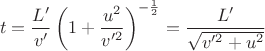 $$t=\frac{L'}{v'}\left(1+\frac{u^2}{v'^2}\right)^{-\frac12}=\frac{L'}{\sqrt{v'^2+u^2}}$$