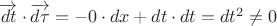 $\overrightarrow{dt}\cdot\overrightarrow{d\tau}=-0\cdot dx+dt\cdot dt=dt^2\ne 0$