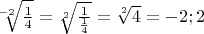 $ \sqrt[-2] {\frac{1}{4}} = \sqrt[2] {\frac{1}{\frac{1}{4}}} = \sqrt[2] {4} = {-2; 2}$