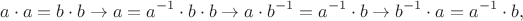 $$a\cdot a=b\cdot b\to a=a^{-1}\cdot b\cdot b\to a\cdot b^{-1}=a^{-1}\cdot b\to b^{-1}\cdot a=a^{-1}\cdot b,$$