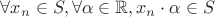 $\forall x_n\in S, \forall \alpha\in\mathbb{R}, x_n\cdot\alpha\in S$
