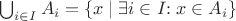 $\bigcup_{i \in I} A_i = \{x \mid \exists i \in I{:}\; x \in A_i\}$