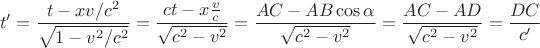 $$t'=\frac{t-xv/c^2}{\sqrt{1-v^2/c^2}}=\frac{ct-x\frac{v}{c}}{\sqrt{c^2-v^2}}=\frac{AC-AB\cos{\alpha}}{\sqrt{c^2-v^2}}=\frac{AC-AD}{\sqrt{c^2-v^2}}=\frac{DC}{c'}$$