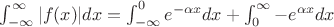 $\int_{-\infty}^{\infty} |f(x)|dx=\int_{-\infty}^0 e^{-\alpha x}dx+\int_{0}^{\infty} -e^{\alpha x}dx$