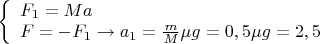 $
\left\{ \begin{array}{l}
{{F_1=Ma \\ F=-F_1}\to a_1 =\frac {m} {M}\mu g =0,5 \mu g=2,5
\end{array} \right.
$