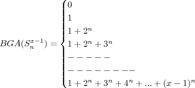 $$BGA(S_n^{x-1}) =\begin{cases}0\\1\\1+2^n\\1+2^n+3^n\\-----\\--------\\1+2^n+3^n+4^n+...+(x-1)^n\end{cases} $$