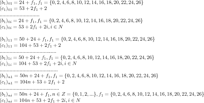 $\begin{array}{l}
 (b_1 )_{01}  = 24 + f_1 ,   f_1  = \{ 0,2,4,6,8,10,12,14,16,18,20,22,24,26\}  \\ 
 (c_1 )_{01}  = 53 + 2f_1  + 2 \\ 
 ............................ \\ 
 (b_1 )_{0i}  = 24 + f_1 ,   f_1  = \{ 0,2,4,6,8,10,12,14,16,18,20,22,24,26\}  \\ 
 (c_1 )_{0i}  = 53 + 2f_1  + 2i, i \in N \\ 
  \\ 
 (b_1 )_{11}  = 50 + 24 + f_1 ,  f_1  = \{ 0,2,4,6,8,10,12,14,16,18,20,22,24,26\}  \\ 
 (c_1 )_{11}  = 104 + 53 + 2f_1  + 2 \\ 
 ........................................ \\ 
 (b_1 )_{1i}  = 50 + 24 + f_1 ,  f_1  = \{ 0,2,4,6,8,10,12,14,16,18,20,22,24,26\}  \\ 
 (c_1 )_{1i}  = 104 + 53 + 2f_1  + 2i, i \in N \\ 
 ......................................... \\ 
 (b_1 )_{n1}  = 50n + 24 + f_1 ,  f_1  = \{ 0,2,4,6,8,10,12,14,16,18,20,22,24,26\}  \\ 
 (c_1 )_{n1}  = 104n + 53 + 2f_1  + 2 \\ 
 .......................................... \\ 
 (b_1 )_{ni}  = 50n + 24 + f_1 ,  n \in Z = \{ 0,1,2,...\} ,  f_1  = \{ 0,2,4,6,8,10,12,14,16,18,20,22,24,26\}  \\ 
 (c_1 )_{ni}  = 104n + 53 + 2f_1  + 2i, i \in N \\ 
 \end{array}
$