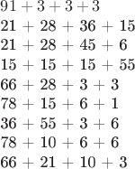 $
91 + 3 + 3 + 3

21 + 28 + 36 + 15

21 + 28 + 45 + 6

15 + 15 + 15 + 55

66 + 28 + 3 + 3

78 + 15 + 6 + 1

36 + 55 + 3 + 6

78 + 10 + 6 + 6

66 + 21 + 10 + 3$