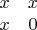 $$\begin{matrix}
 x & x \\
 x & 0 \\
\end{matrix}$$