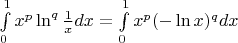 $\int\limits_0^1 x^p \ln^q \frac{1}{x} dx = \int\limits_0^1 x^p (-\ln x)^q dx$